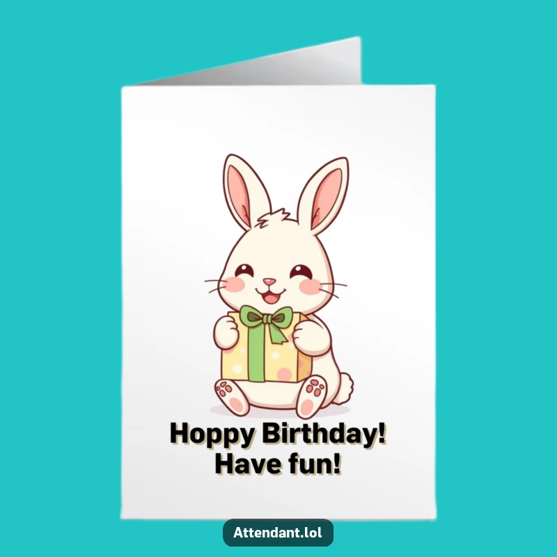 Free Printable Rabbit Birthday Card: Cheerful Bunny Delivers Gift, Funny DIY Downloadable