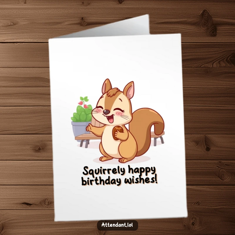 Funny Free Printable Birthday Card: Giggling squirrel with nut in cheek gestures to seating area, inviting fun.