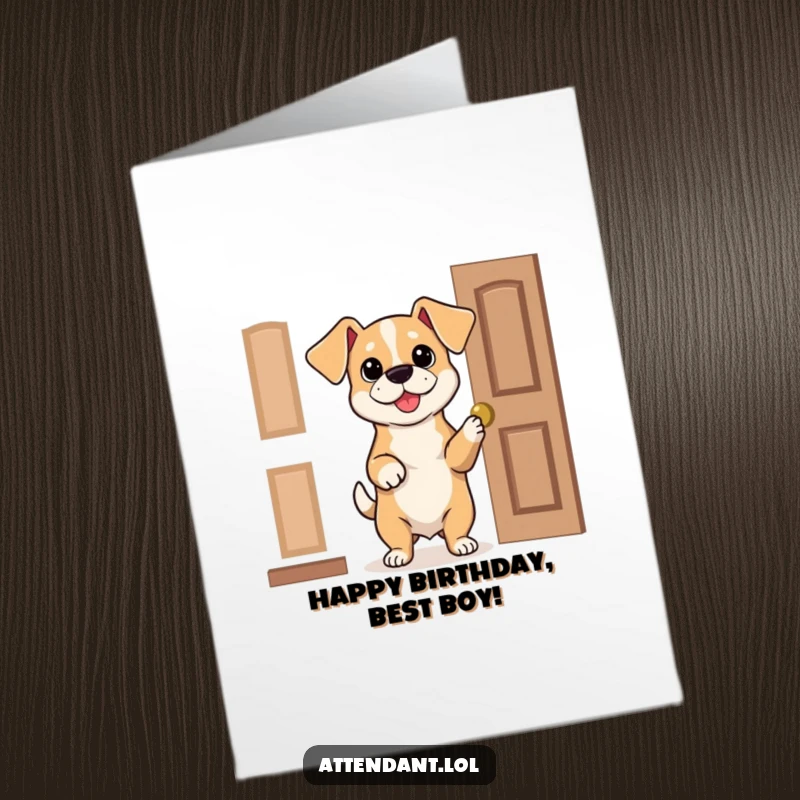 Funny Free Printable Dog Birthday Card: Bouncy dog with floppy ears politely holds open a door, inviting birthday wishes.