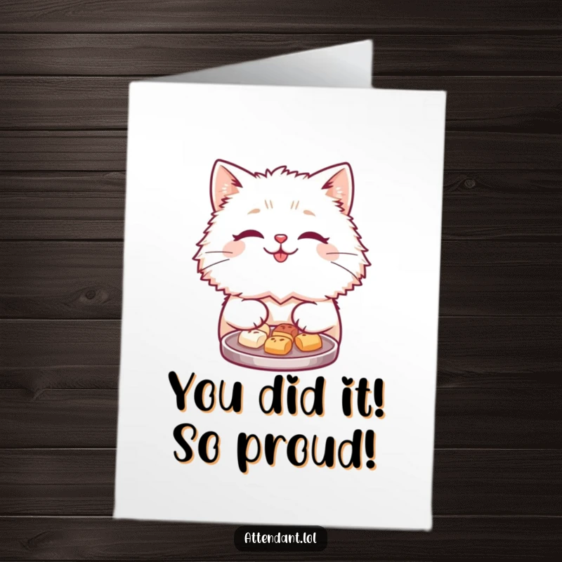 Funny Free Printable Congratulations Card: Cute fluffy cat with smile offers tiny treats, perfect for any celebration.