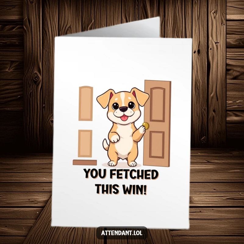 Free Printable Dog Congratulations Card: Bouncy dog with floppy ears politely holds open a door, welcoming your fantastic success.