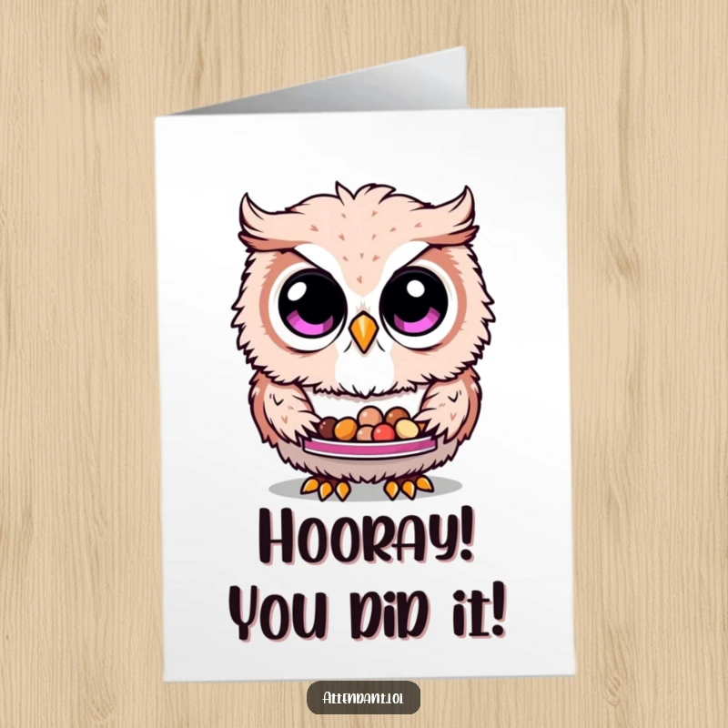 Free Printable Owl Congratulations Card: Curious owl with wide eyes presents a tray of tiny treats, celebrating your awesome achievement.