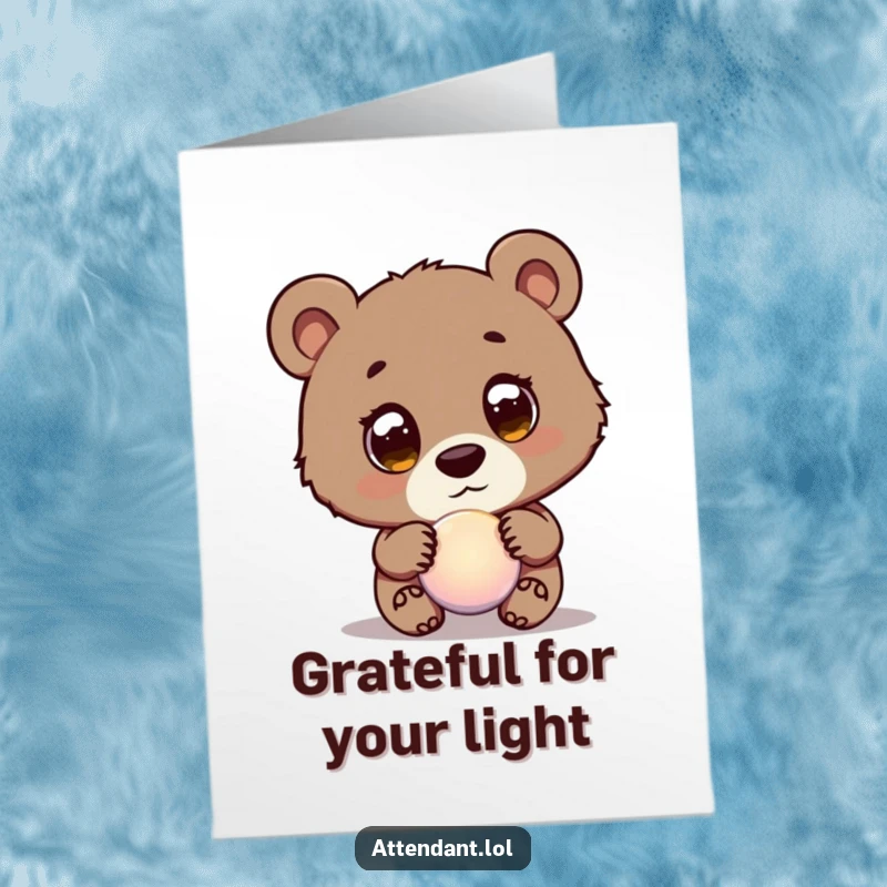 Funny Free Printable Bear Cub Thank You Card: Curious bear cub with wide eyes guides a glowing orb, expressing sincere thanks.