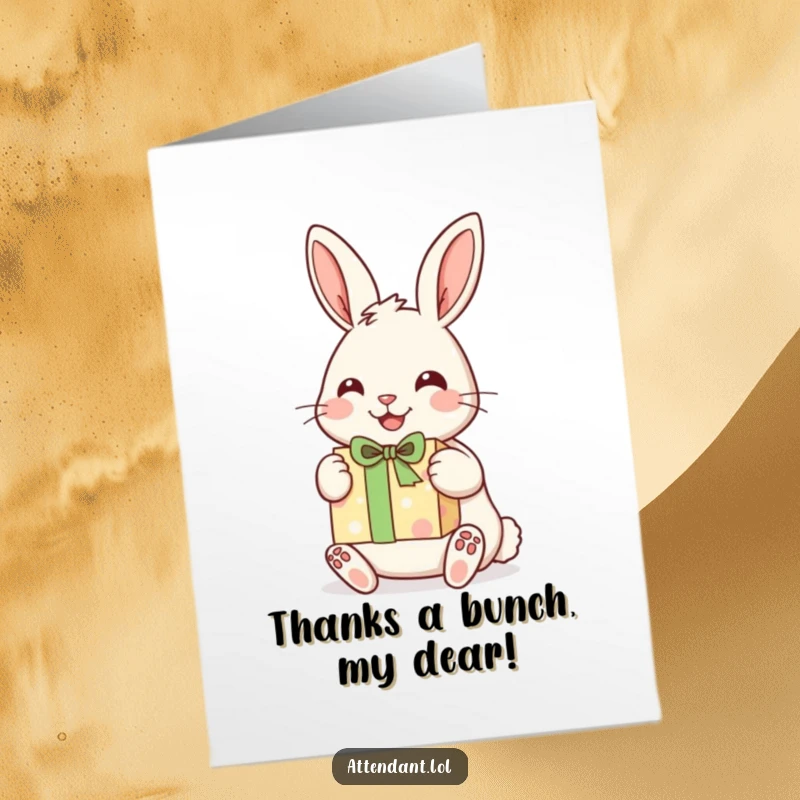Funny Free Printable Thank You Card: Cheerful rabbit with perked ears presents a wrapped gift, a lovely gesture.