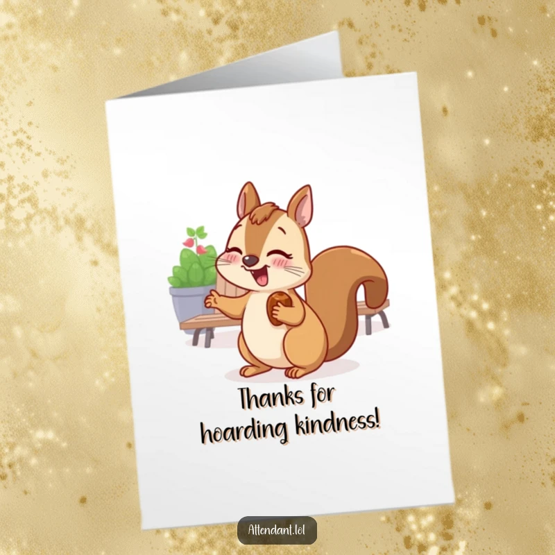 Funny Free Printable Thank You Card: Giggling squirrel with nut in cheek gestures to seating area, a warm invitation.
