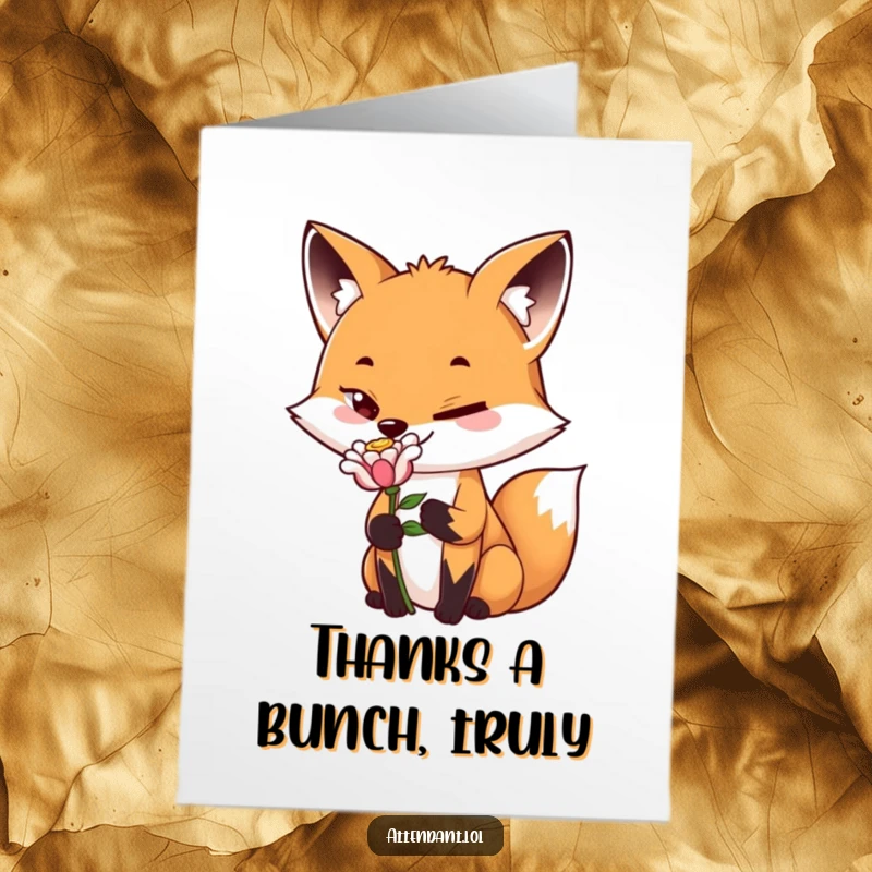 Funny Free Printable Fox Thank You Card: Playful fox with a sly grin presents a single, perfect flower to express heartfelt thanks.