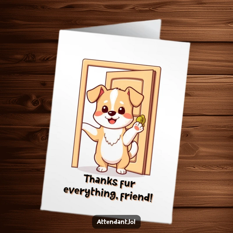 Funny Free Printable Thank You Card: Playful dog with wagging tail holds open door with paw, a warm welcome.