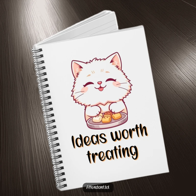 Funny notebook with a cute, fluffy cat offering a tray of tiny treats, ready to jot down ideas with a smile.