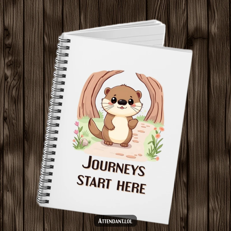 Funny notebook with a happy otter with bright eyes, politely guiding a visitor along a path.