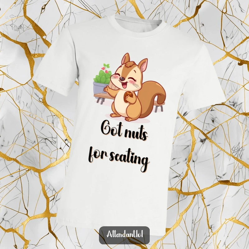 Funny t-shirt showing a giggling squirrel with a nut in its cheek, gesturing towards a seating area.