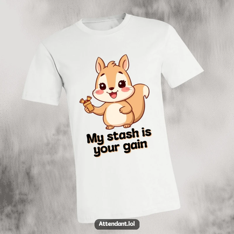 Funny Squirrel T-Shirt: A happy squirrel with a wide smile offers wrapped items, a humorous and cheerful design for any occasion.