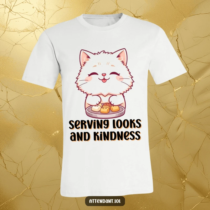 Funny t-shirt with a cute, fluffy cat smiling and offering a tray of tiny, irresistible treats to everyone.