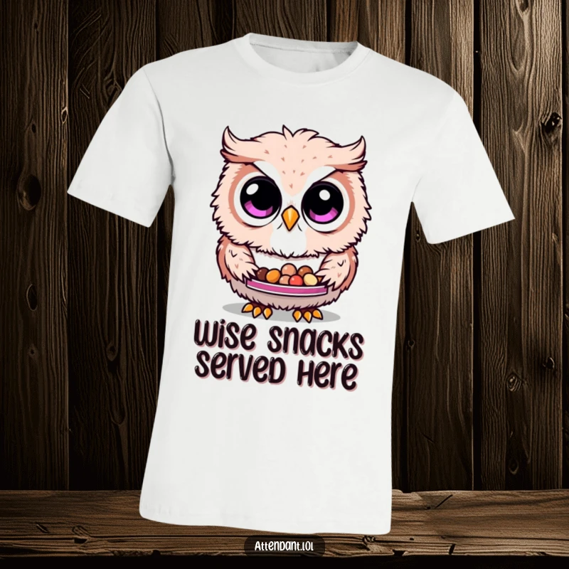 Funny Owl T-Shirt: A charming fluffy owl with big curious eyes holds out a tray of tiny treats, an amusing design for any occasion.