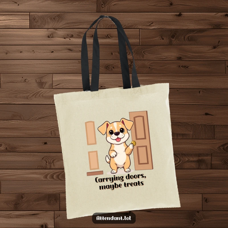 Funny Dog Tote Bag: A bouncy dog with floppy ears politely holds a door open, a humorous and practical accessory.