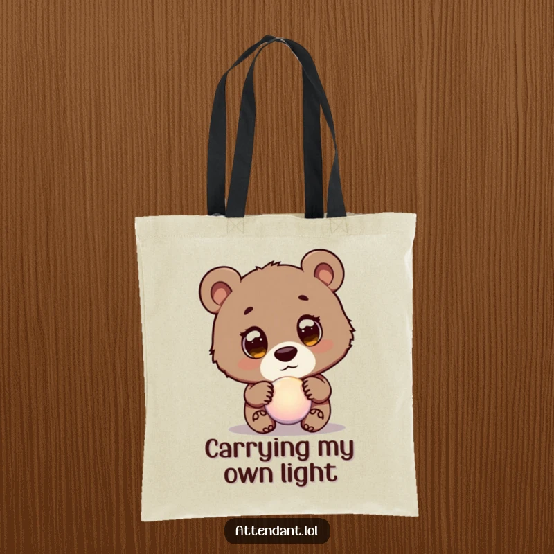 Funny Bear Cub Tote Bag: A curious bear cub with wide eyes guides a glowing orb, a humorous and practical accessory.