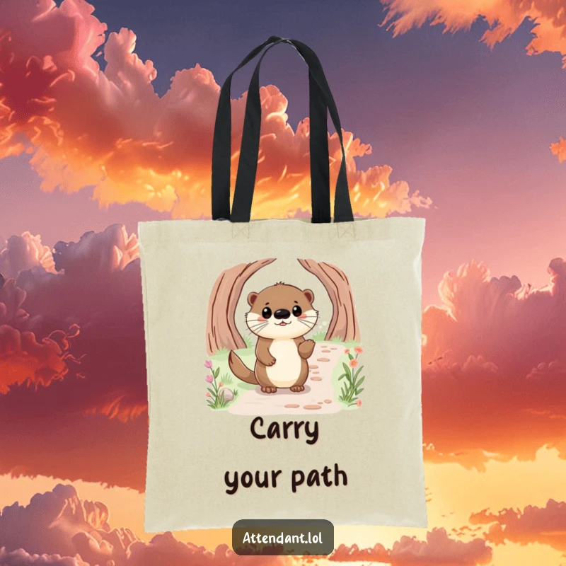 Funny tote bag designed with a happy otter with bright eyes, politely guiding a visitor along a path.