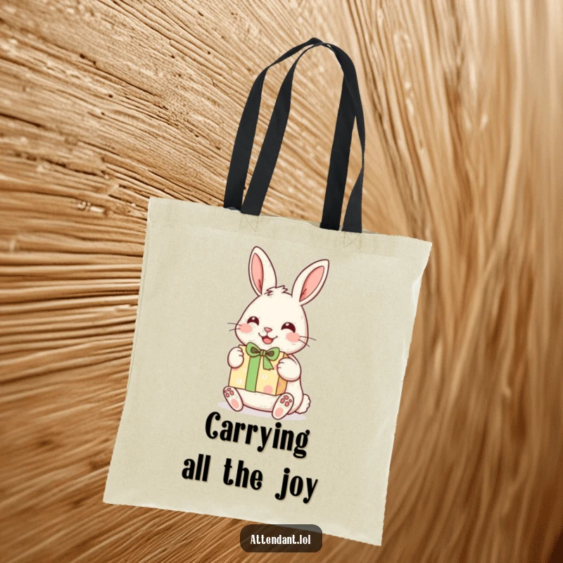 Funny tote bag designed with a cheerful rabbit with perked ears, holding and presenting a beautifully wrapped gift.