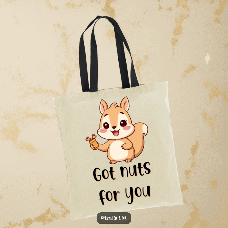 Funny Squirrel Tote Bag: A cheerful squirrel with a bright smile holds out wrapped items, a humorous and practical carry-all.